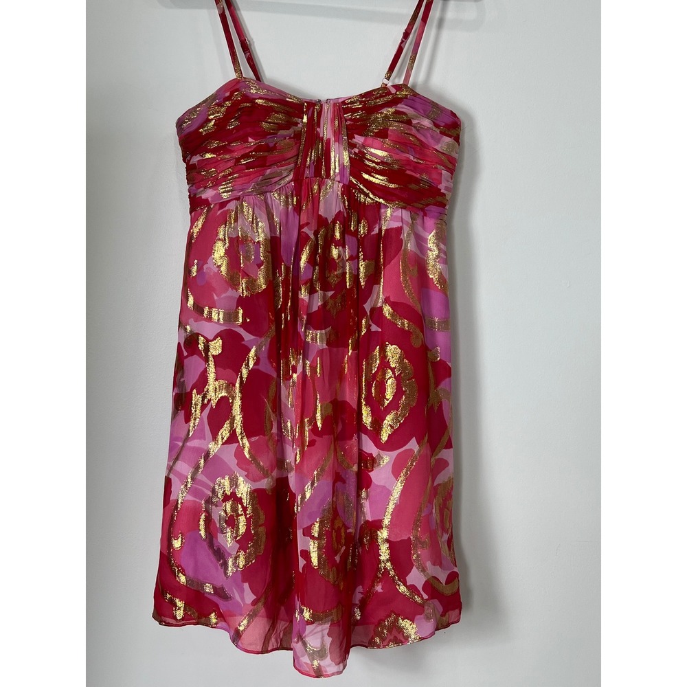 Oleg Cassini Pink Gold Silk Lurex Floral Metallic Mini Dress Size 8